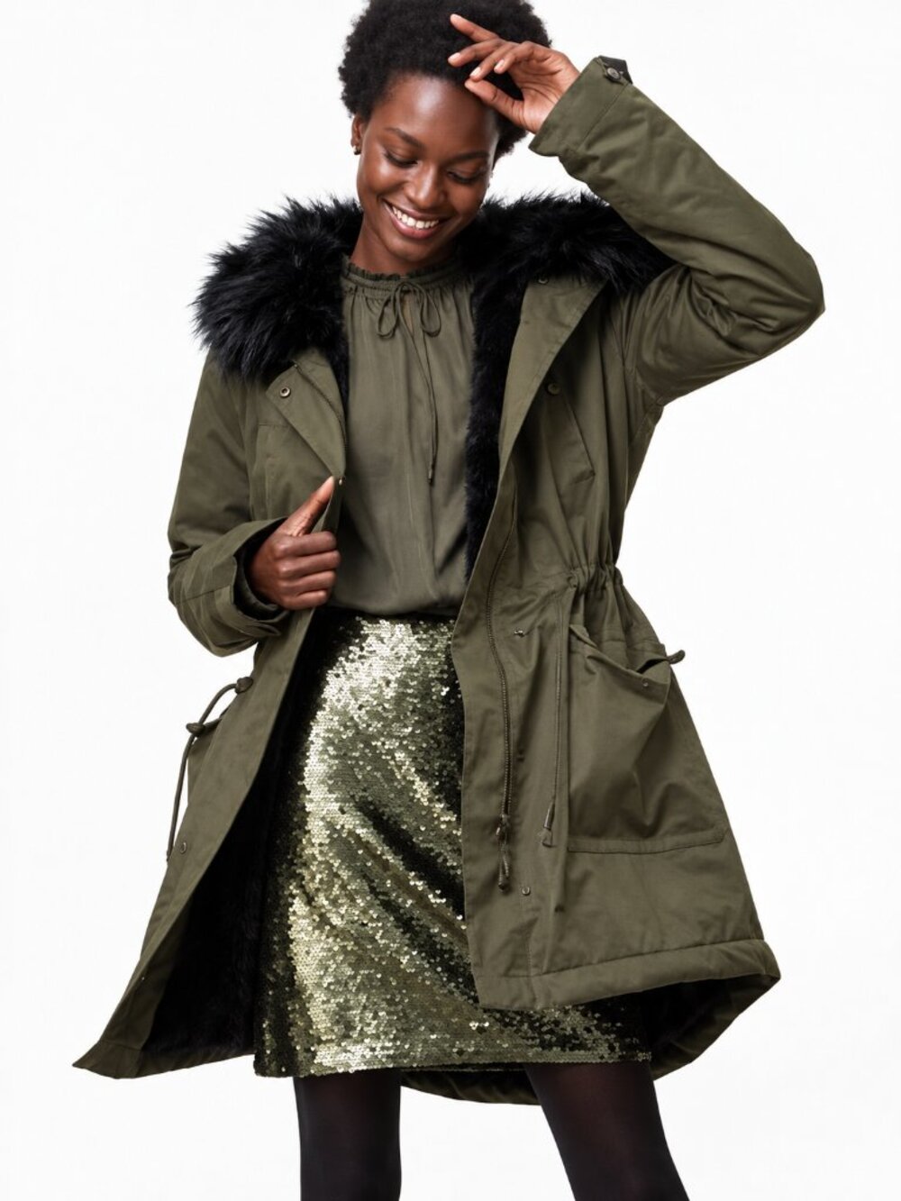 LOFT Olive Green Faux Fur Lined Hooded Parka Jacket Utility S NWT